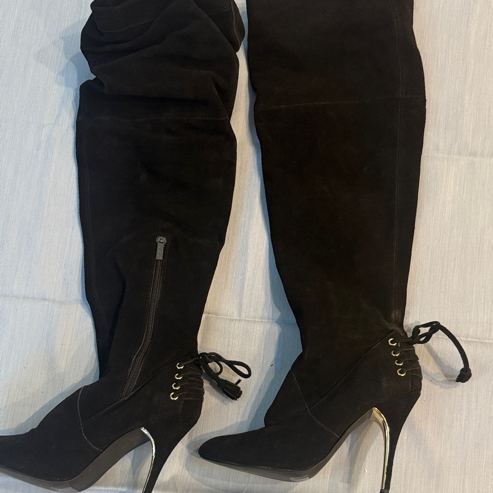 Colin Stuart Black Over-the-Knee Boots with Gold Accents